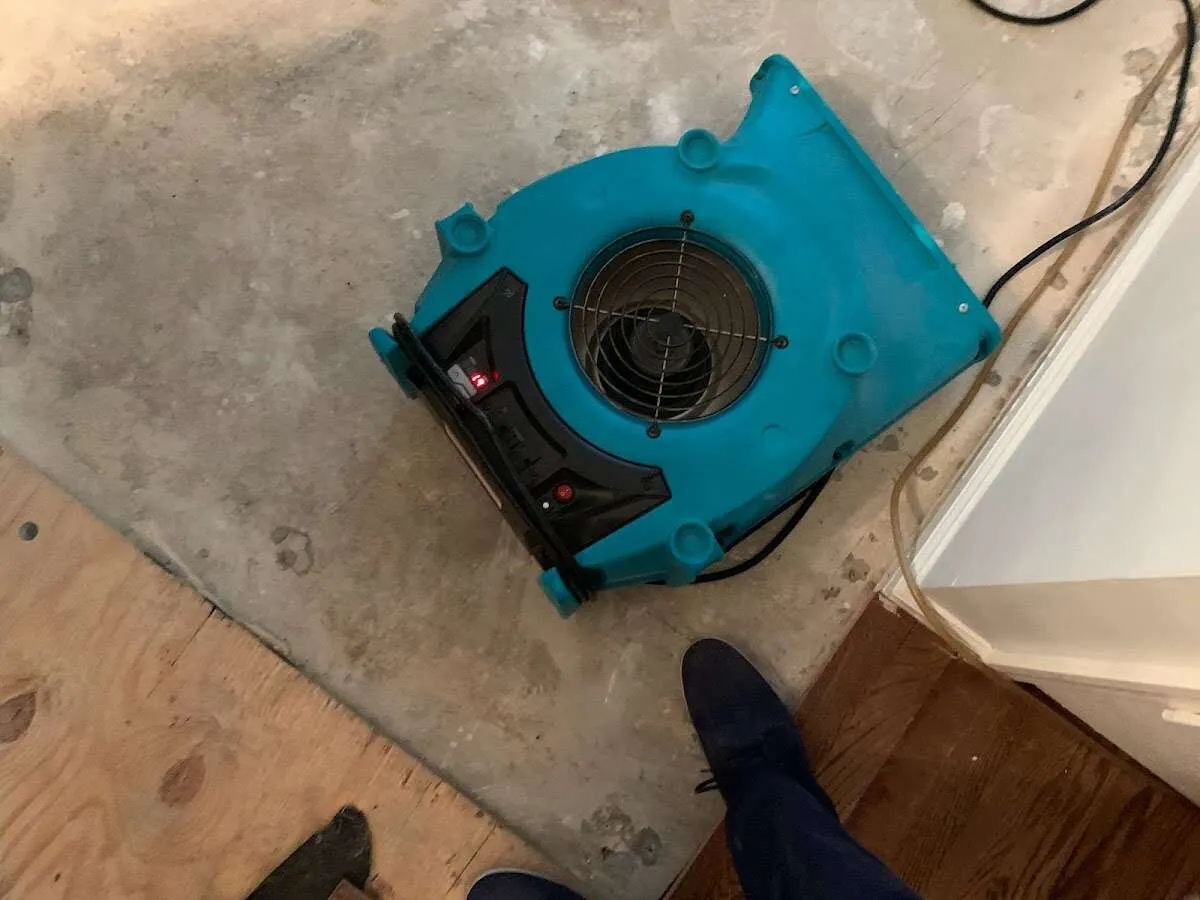 Air mover drying subfloor during Commercial Water Damage Restoration in Fillmore